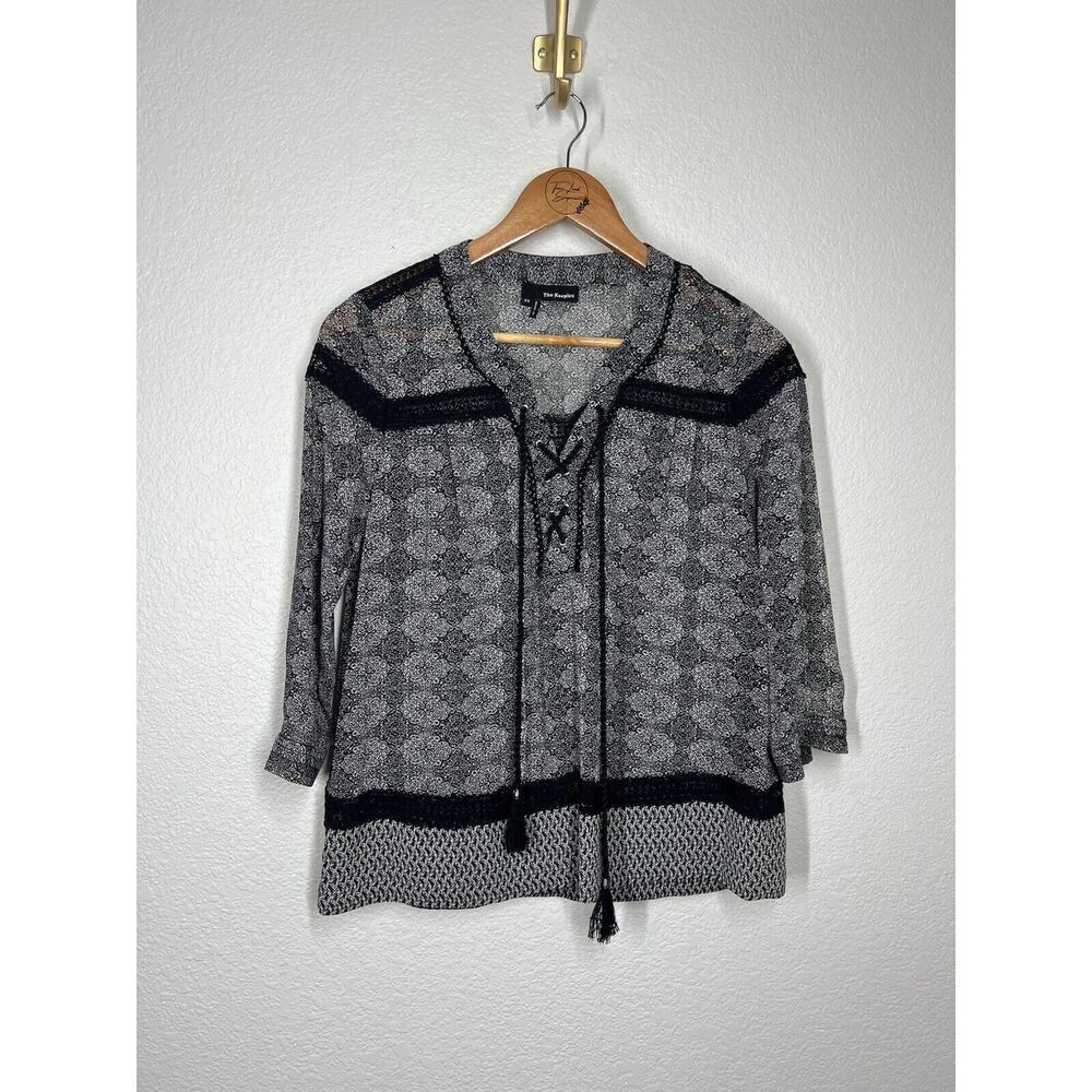 The Kooples Lace Up Peasant Top XS Sheer Black White